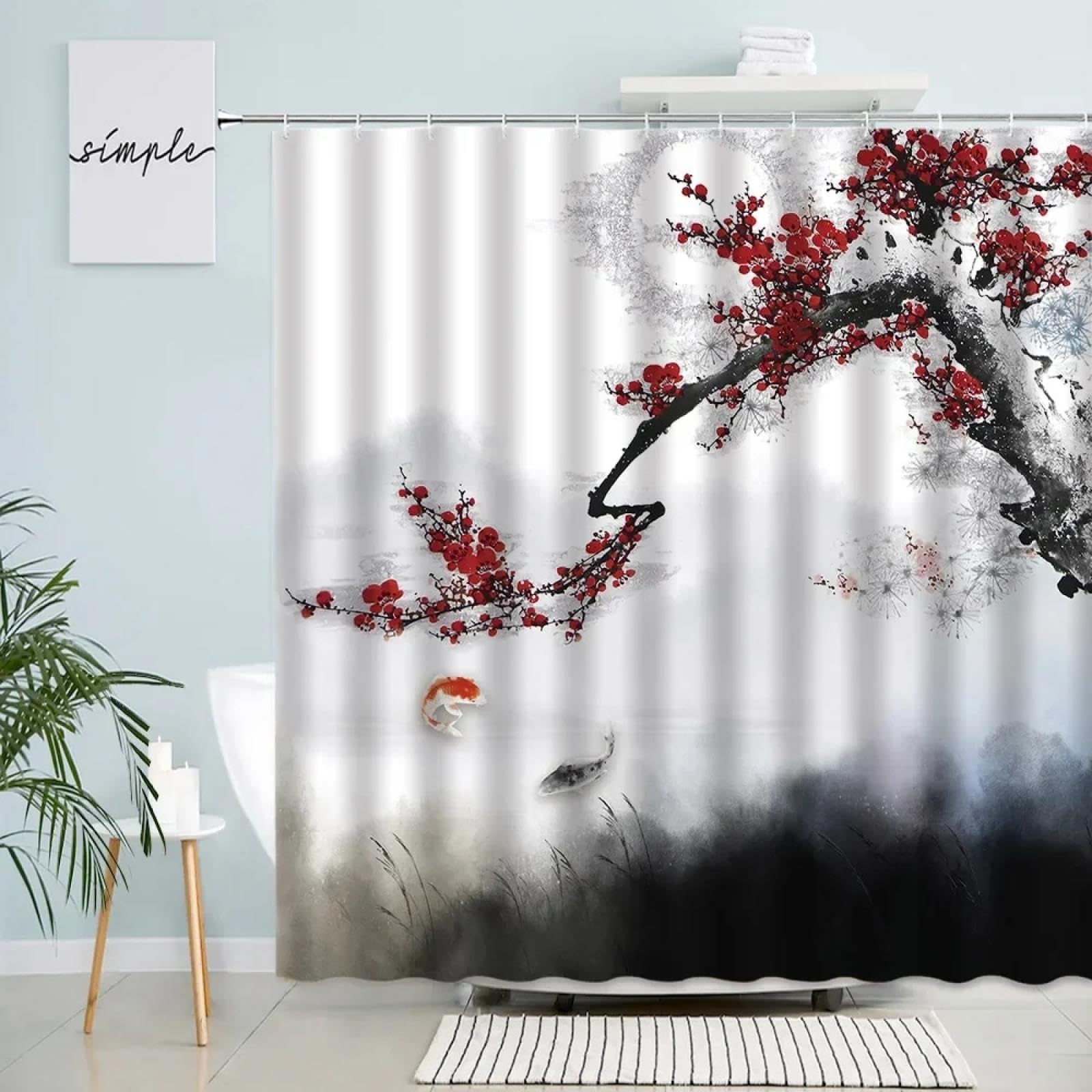 Chinesischer Stil, Blumen-Koi-Duschvorhänge, Rot, Schwarz, Karpfen, Pflaume, Blumen, Tinte, Kunstdruck, Stoff, Badezimmer-Vorhang, Heimdekoration, Set 175 x 240 cm (68,90 x 94,49 Zoll)