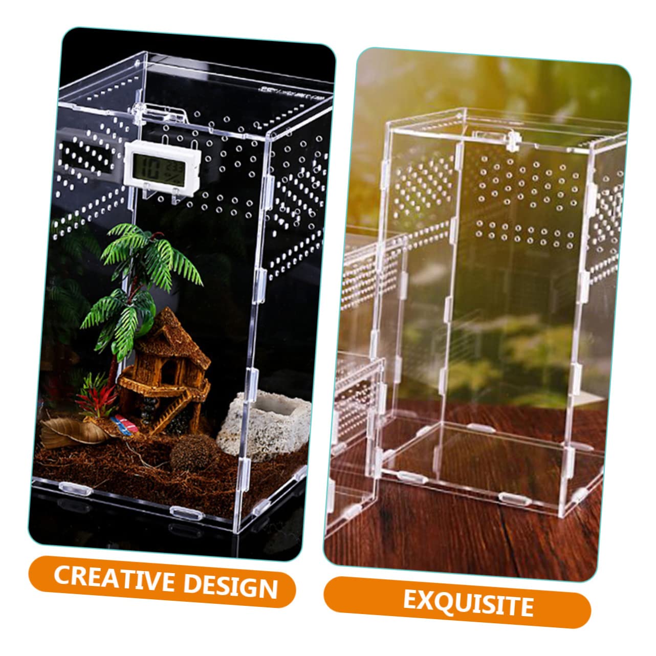 ORFOFE Terrarium für Reptilien mit Durchsichtigen Futterboxen aus Acryl 360° Hohe Transparenz als Reptilien Terrarium Dekoration für Konstante Luftzirkulation