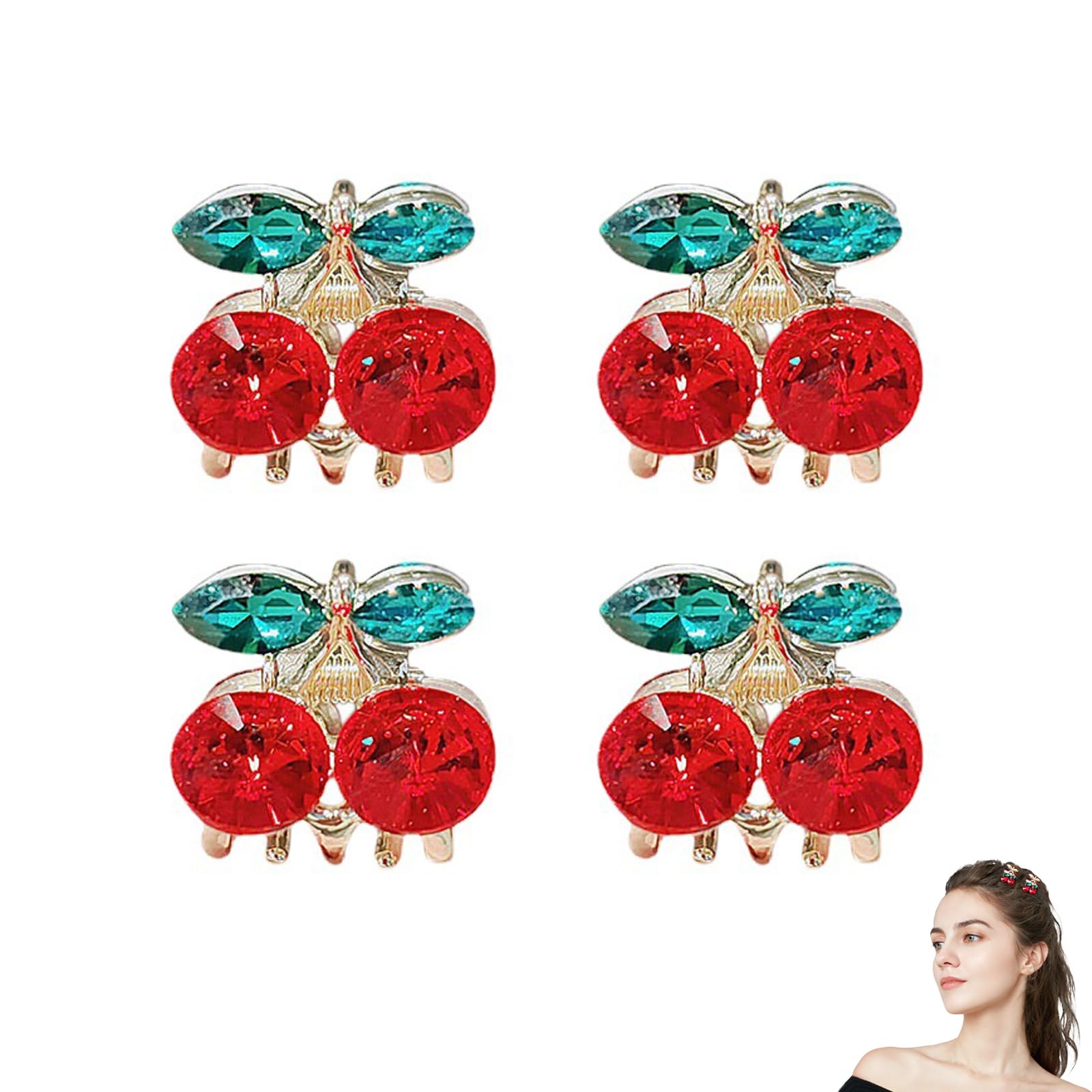 4Pcs Cherry Hair Clip Claw Clips with Rhinestones Cute Small Hair Accessories for Women Electroplated Metal Spring Claws with Rhinestone Detail for Styling and Half Up Looks