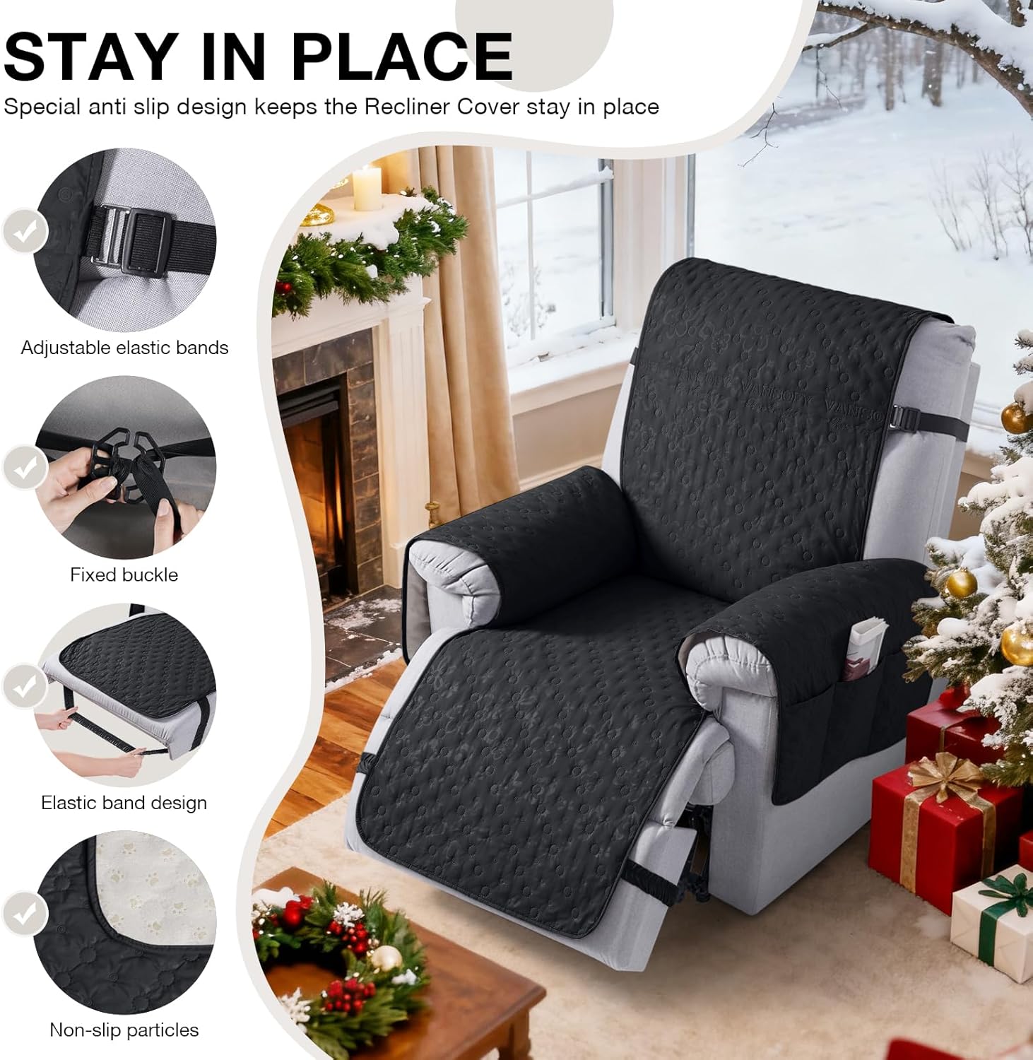 VANSOFY 100% Waterproof Recliner Chair Cover, Recliner Cover with Non-Slip Granule, Washable Reclining Chair with Pocket Furniture Protector for Kids, Pets(Black, 30)