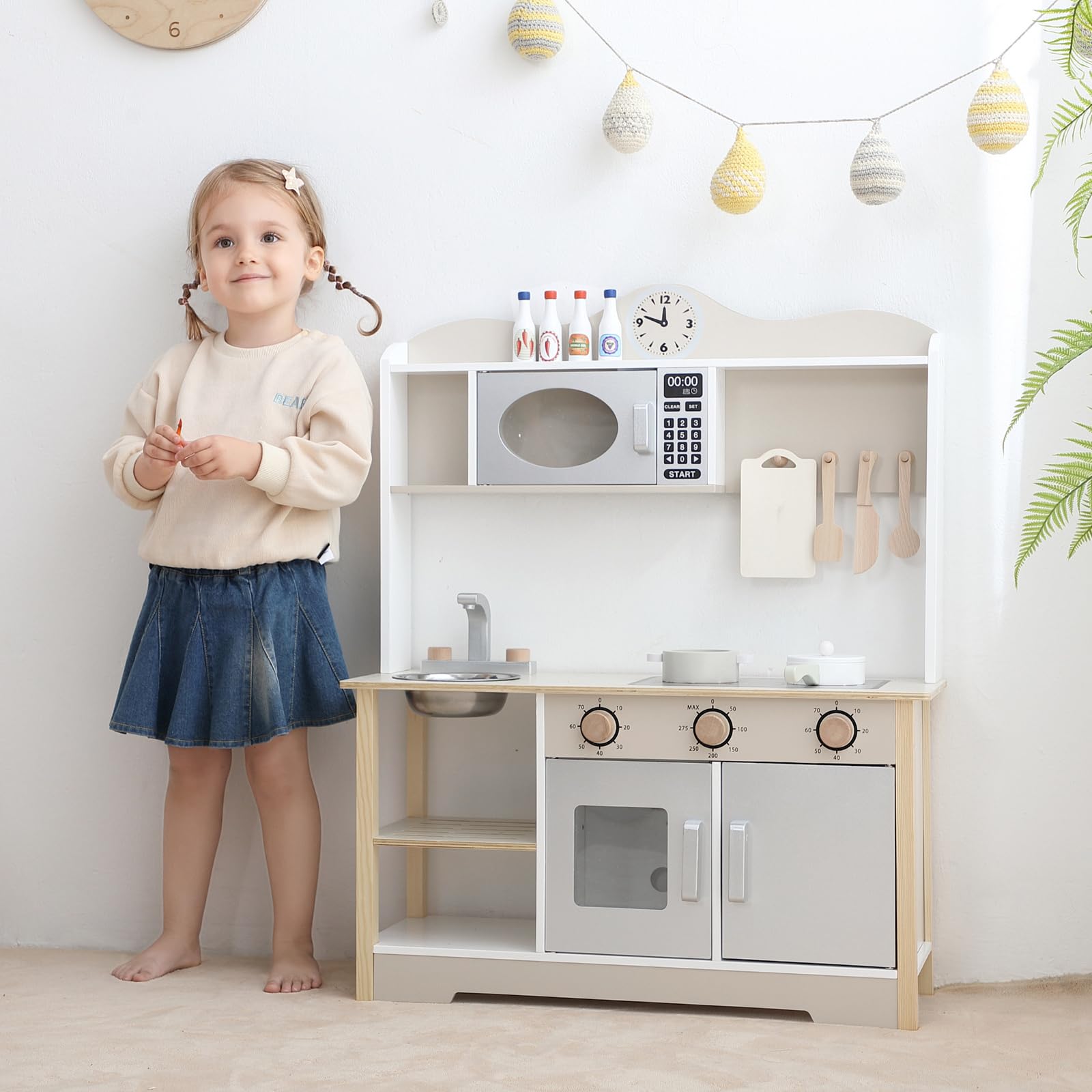 Kids Play Kitchen, Wooden Toy Kitchen Playset for Kids with 12 Pcs Toy Food & Cookware Accessories, Childrens Pretend Kitchen Playset for 3+ Years Old