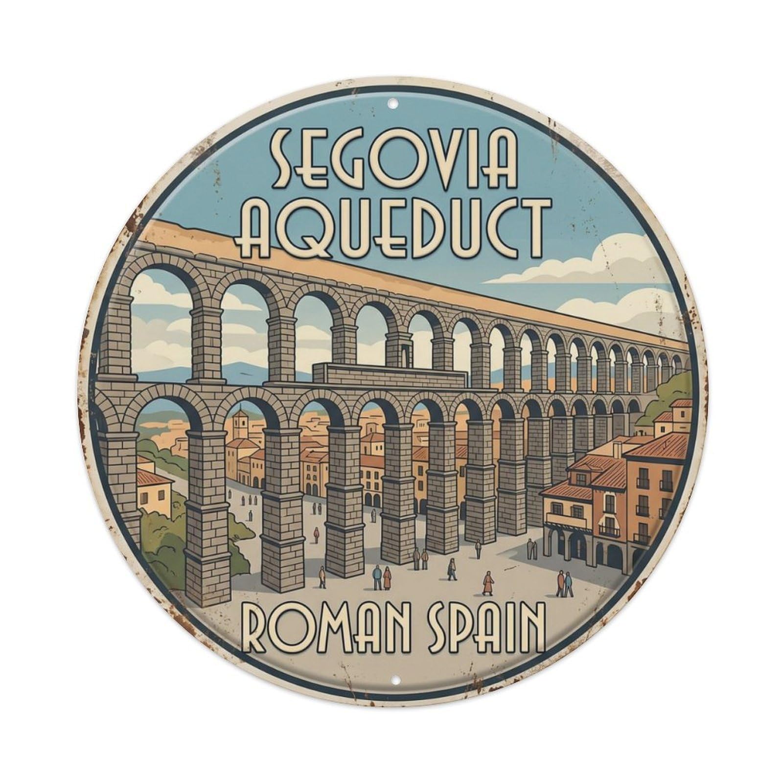 Segovia Aqueduct Roman Spain Monument Metal Tin Sign Plaque Wall Decor for Cafe, Club Bar, Office, Home Garden Round Metal Poster 8x8Inch