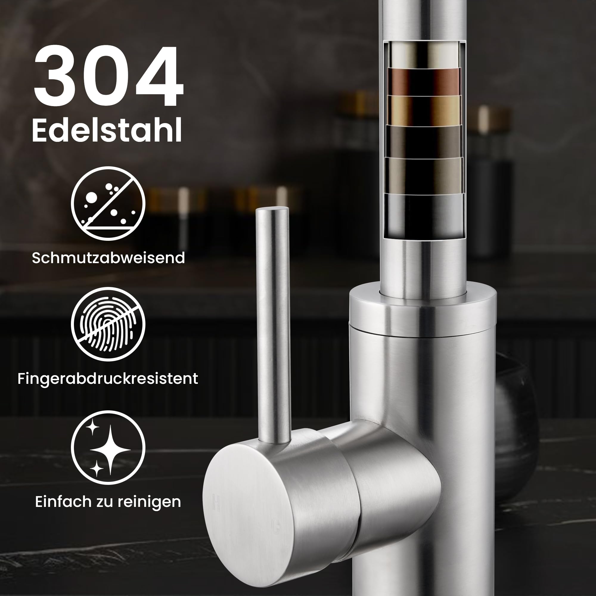 KPW Küchenarmatur Edelstahl Gebürstet Nickel mit Herausziehbarer Brause | Spültischarmatur mit Hohem Auslauf, Einhand-Mischbatterie für Küche, 1-Loch-Montage, inkl. Flexibler Anschlussschläuche