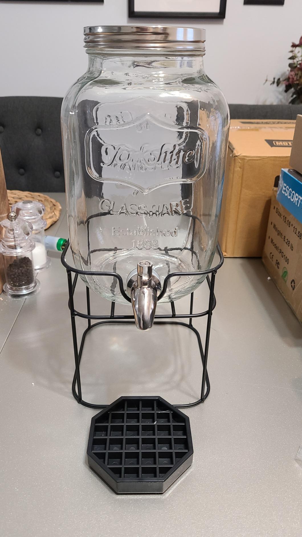Waymind 1 Gallon Glass Drink Dispensers 2-Pack - With Wood Lid, Stand, Spigot, Chalkboard Labels