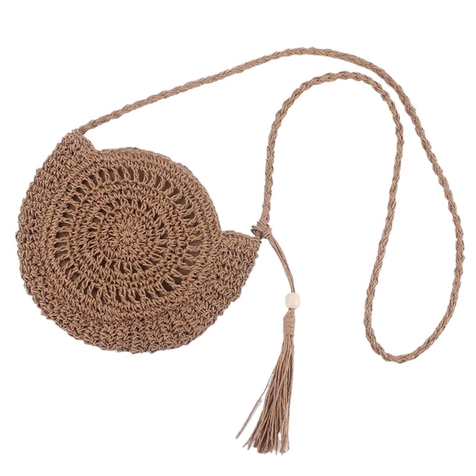 Borsa di Paglia Borsa a Tracolla Rotonda Morbida in Corda, Borsa da Spiaggia Estiva for Donna, Borsa Vintage in Rattan Circolare per Viaggio(Khaki)