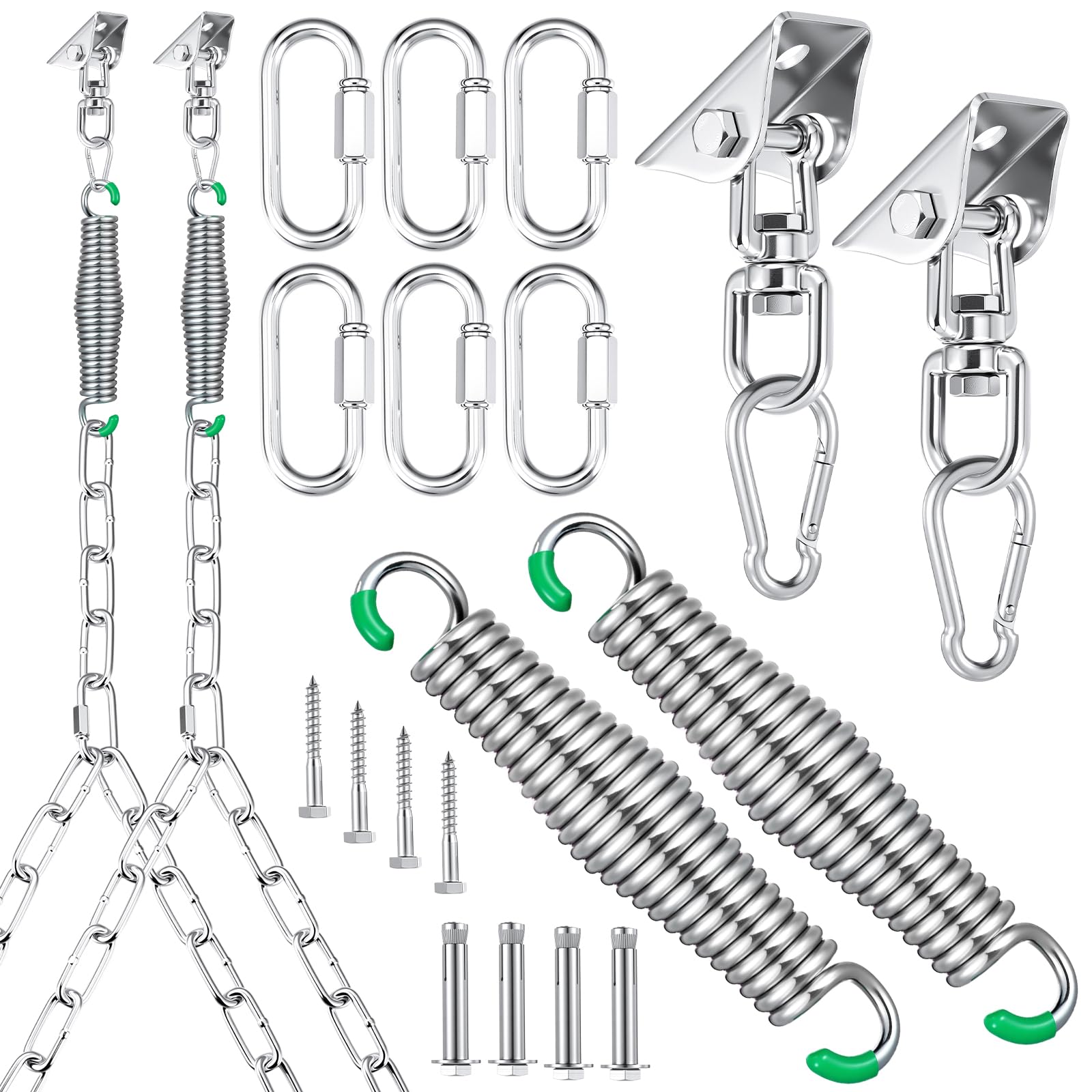 Hicarer Porch Swing Hanging Kit with Springs 8ft Y-Chains Swivel,Sliver