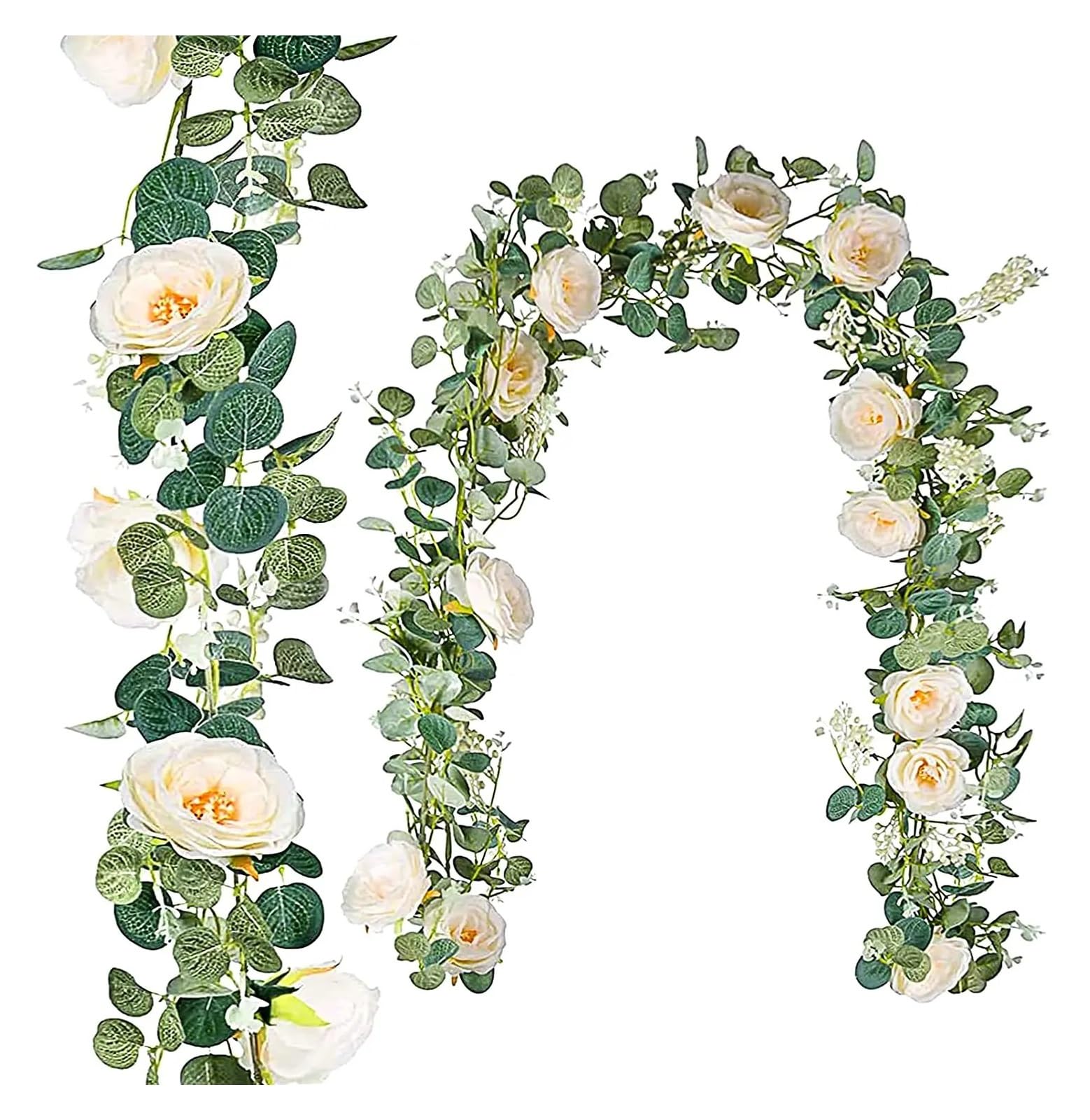 Künstliche Eukalyptus-Girlande mit weißen Rosen, Pfingstrosen, Eukalyptussträngen for Hochzeit, Geburtstag, Party, Haus, Garten, Dekoration(1pc White Rose)
