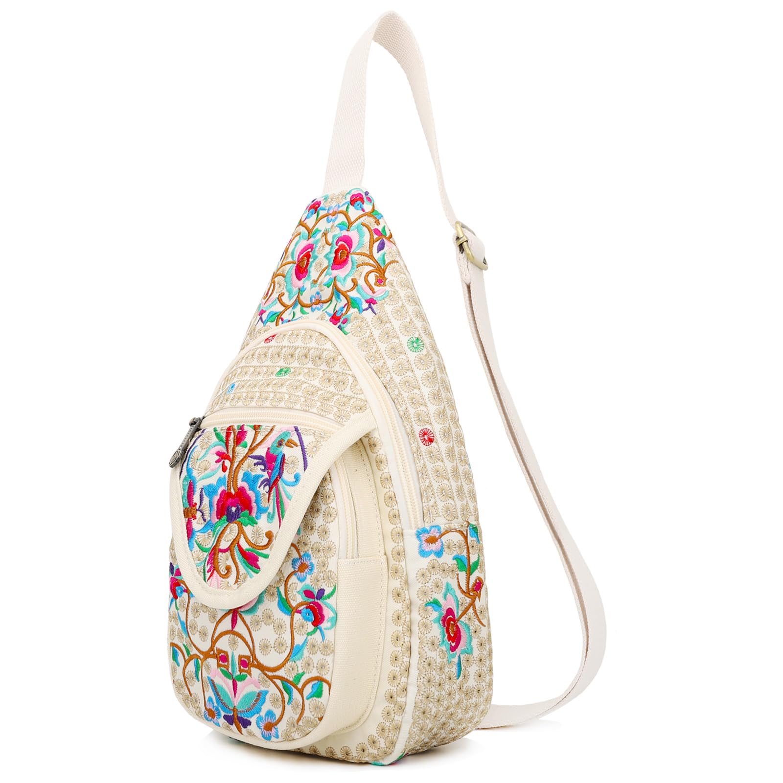 SILKAREA Vintage Embroidered Floral Ethnic Backpack for Women Handbag Shoulder Bag Mini Travel Purse, Beige Red, S, Vintage