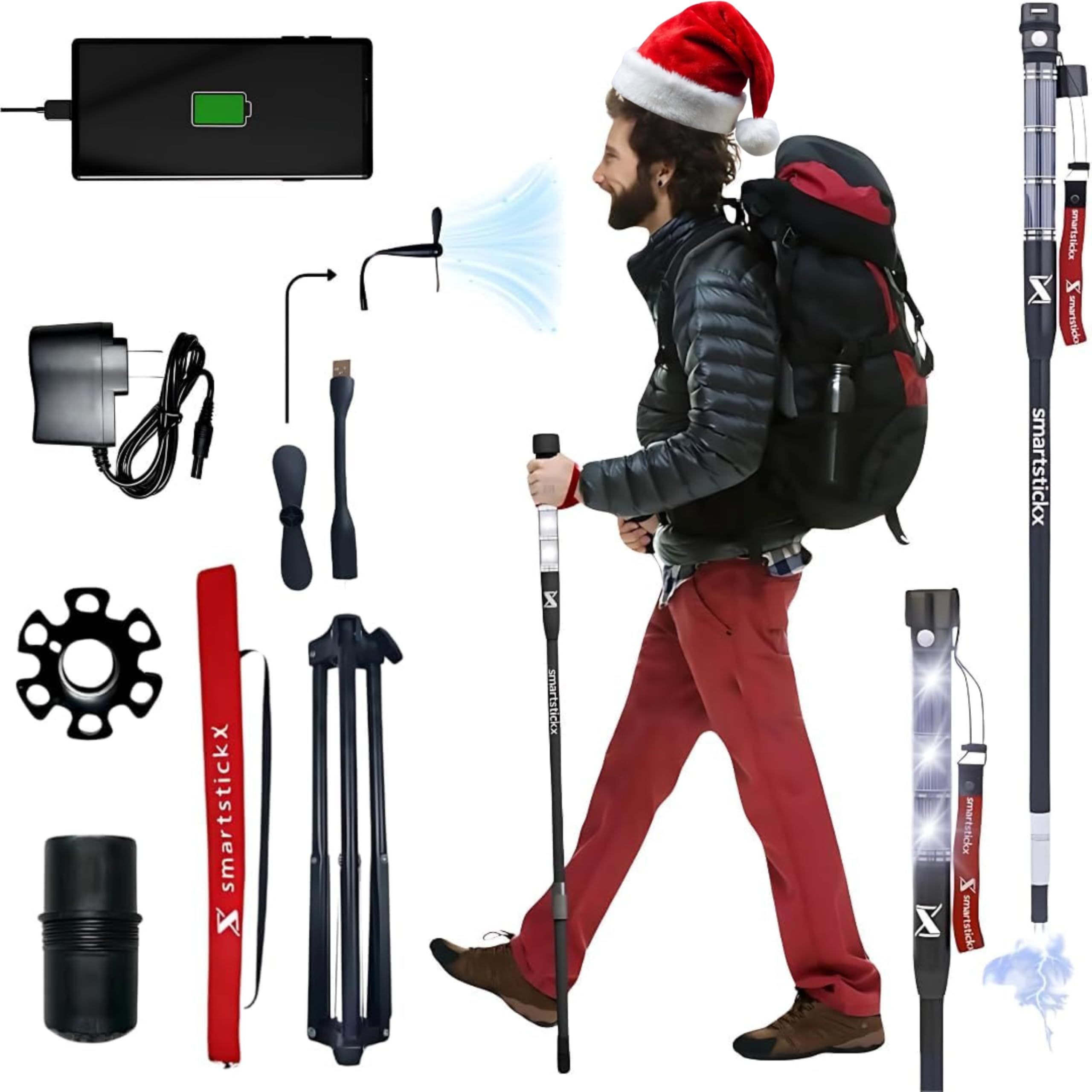 High-tech hiking pole, aircraft grade aluminum alloy, built-in power bank, solar rechargeable, LED light, emergency light, fan, ignition,
