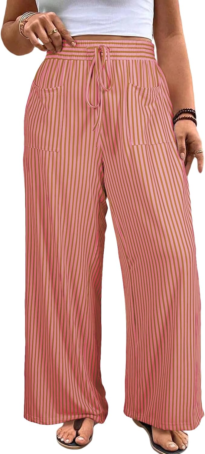 Eytino Womens Plus Size Wide Leg Pants Elastic High Waist Striped Casual Palazzo Pants Lounge Trouser with Pockets (1X-5X)