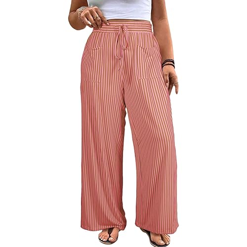 Eytino Womens Plus Size Wide Leg Pants Elastic High Waist Striped Casual Palazzo Pants Lounge Trouser with Pockets (1X-5X)