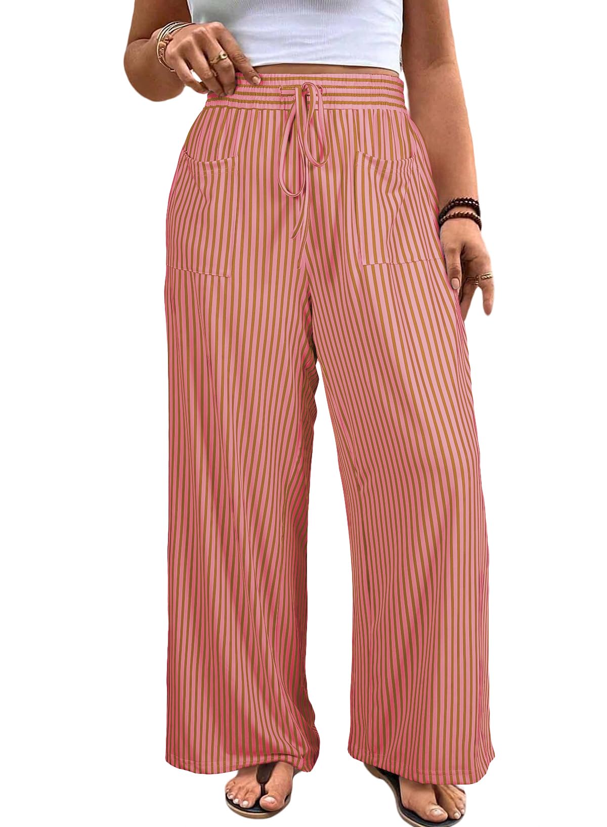 Eytino Womens Plus Size Wide Leg Pants Elastic High Waist Striped Casual Palazzo Pants Lounge Trouser with Pockets