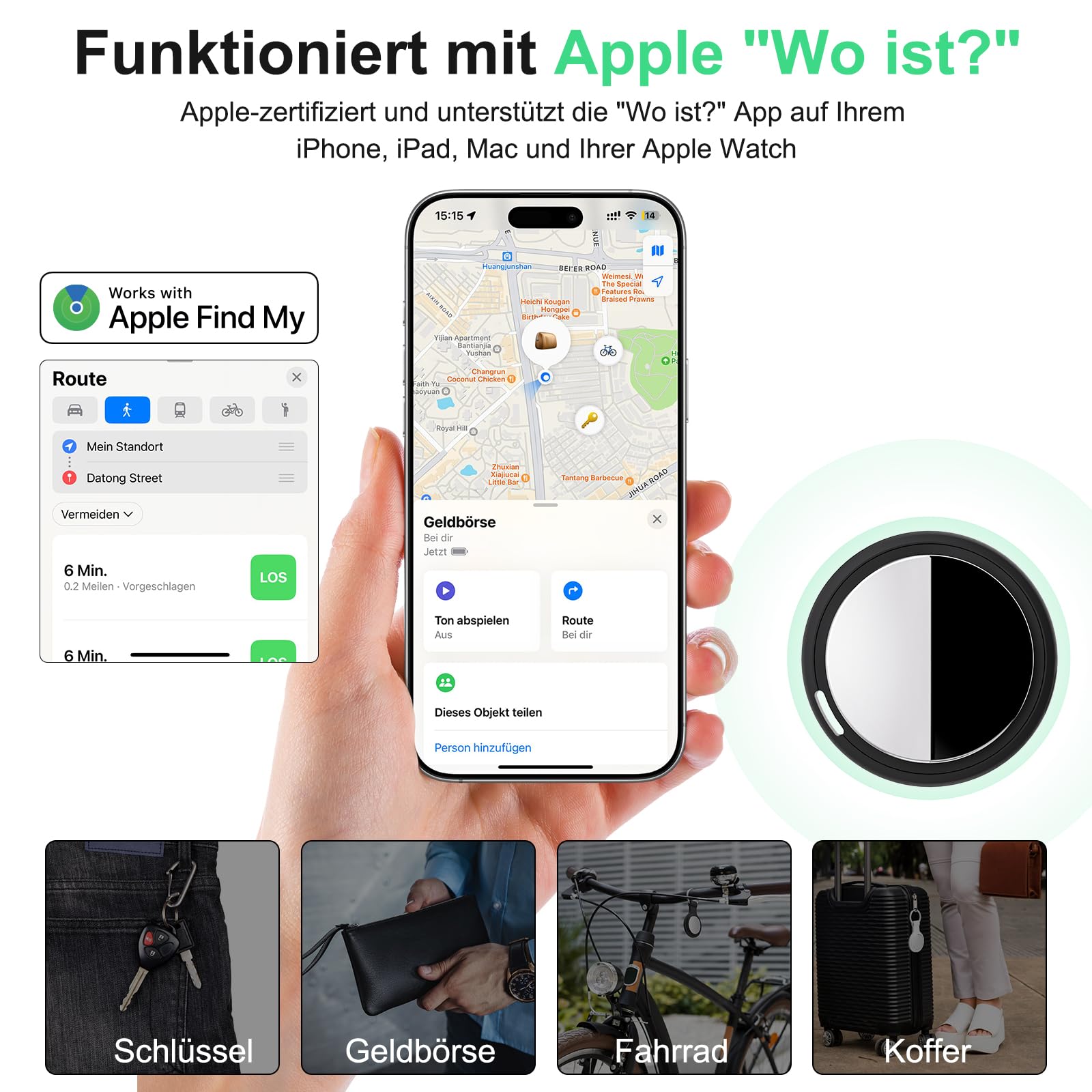 Smart Air Tracker Tag kompatibel mit Apple Wo ist? (nur iOS), Inklusive Ersatzbatterie, Smart Tracker Tag Key Finder für Schlüssel, Fahrrad, Wallet, Koffer, Hunde, Katzen (Schwarz, 4-Pack)