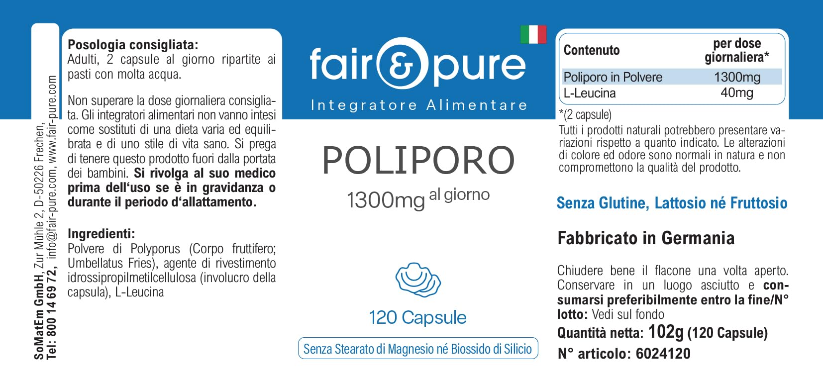 Fair & Pure® - Polyporus umbellatus - Polyporus 1300mg - Vegan - Polvere in capsule - 120 Capsule