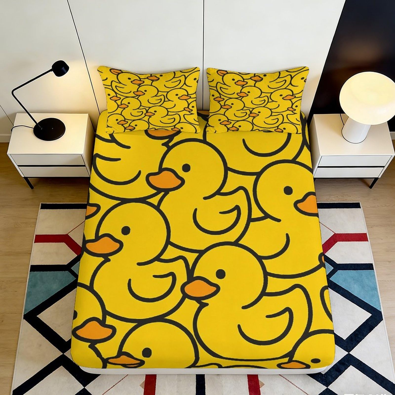 3D Printed Yellow Duck Fitted Sheet Microfiber Non-Slip Bed Cover for Bedroom Guestroom Dorm Mattress Protection Decor 90x200x25cm