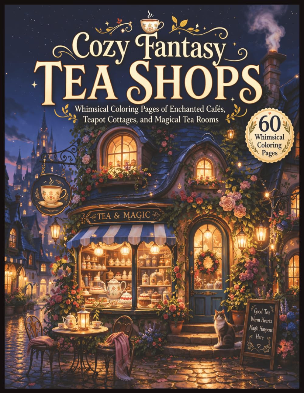 Cozy Fantasy Tea Shops: Whimsical Coloring Pages of Enchanted Cafes, Teapot Cottages, and Magical Tea Rooms