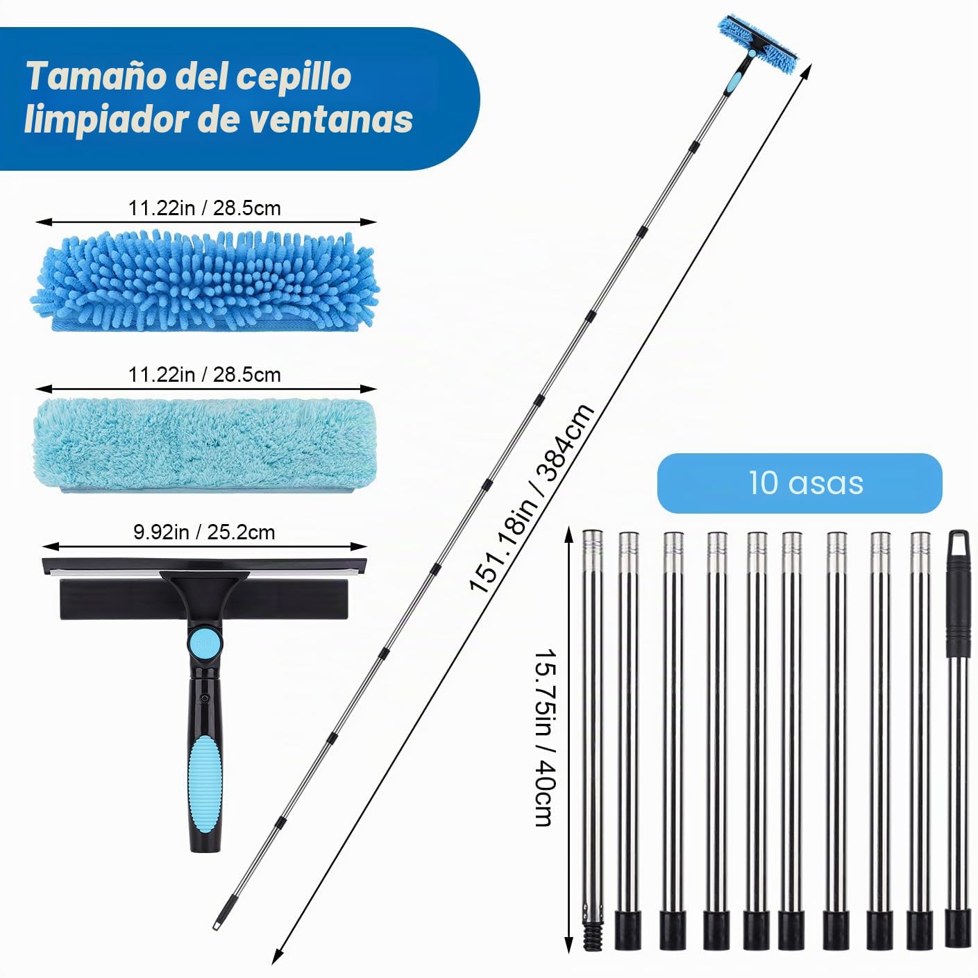 4.3m Limpiador de Ventanas Extensible, Equipo de Limpieza de Ventanas 2 en 1, Herramienta telescópica de Limpieza de Ventanas largas para Ventanas Altas de Vidrio de Coche, con 2 paños de