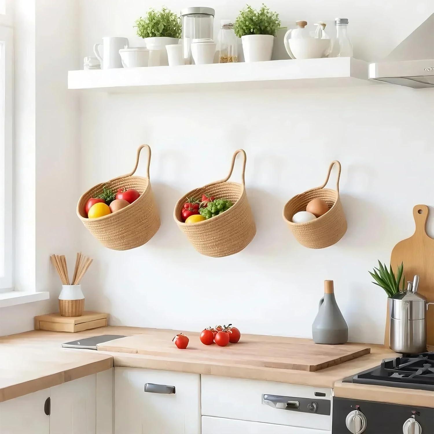 ShellKingdom Hanging Baskets, 3Pack Woven Wall Mounted Storage Basket with 3 Pcs Hooks, Boho Pouchs Bag Organizers for Home Office Living Room Bathroom Door Wall Decoration Caddy Bins (Jute) - Image 4