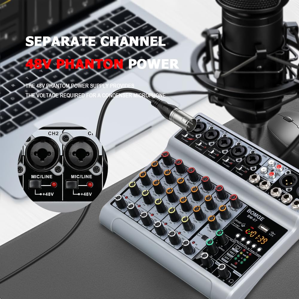 BOMGE - Console di Mixaggio Audio, Mixer Sound Board con 7 Canali Digitali USB Bluetooth, Effetto Echo Ritardo, Alimentazione Phantom 48 V, Mixer DJ Stereo per Registrazione, Live Streaming