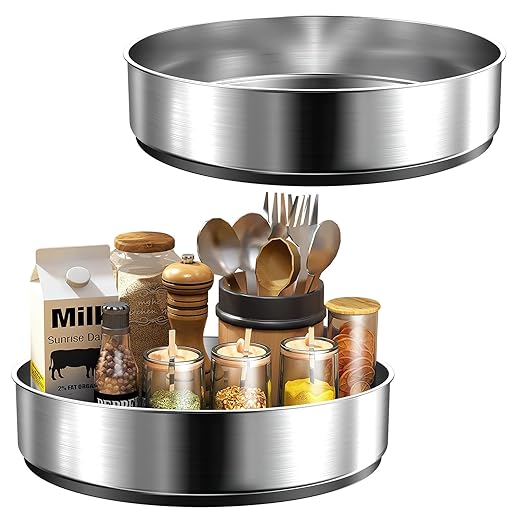 2 Pack Lazy Susan Organizer, Landmore Turntable Organizer 10.2 Inch Stainless Steel Spice Spinning Trays Storage for Kitchen Cabinet, Pantry, Countertop, Silver
