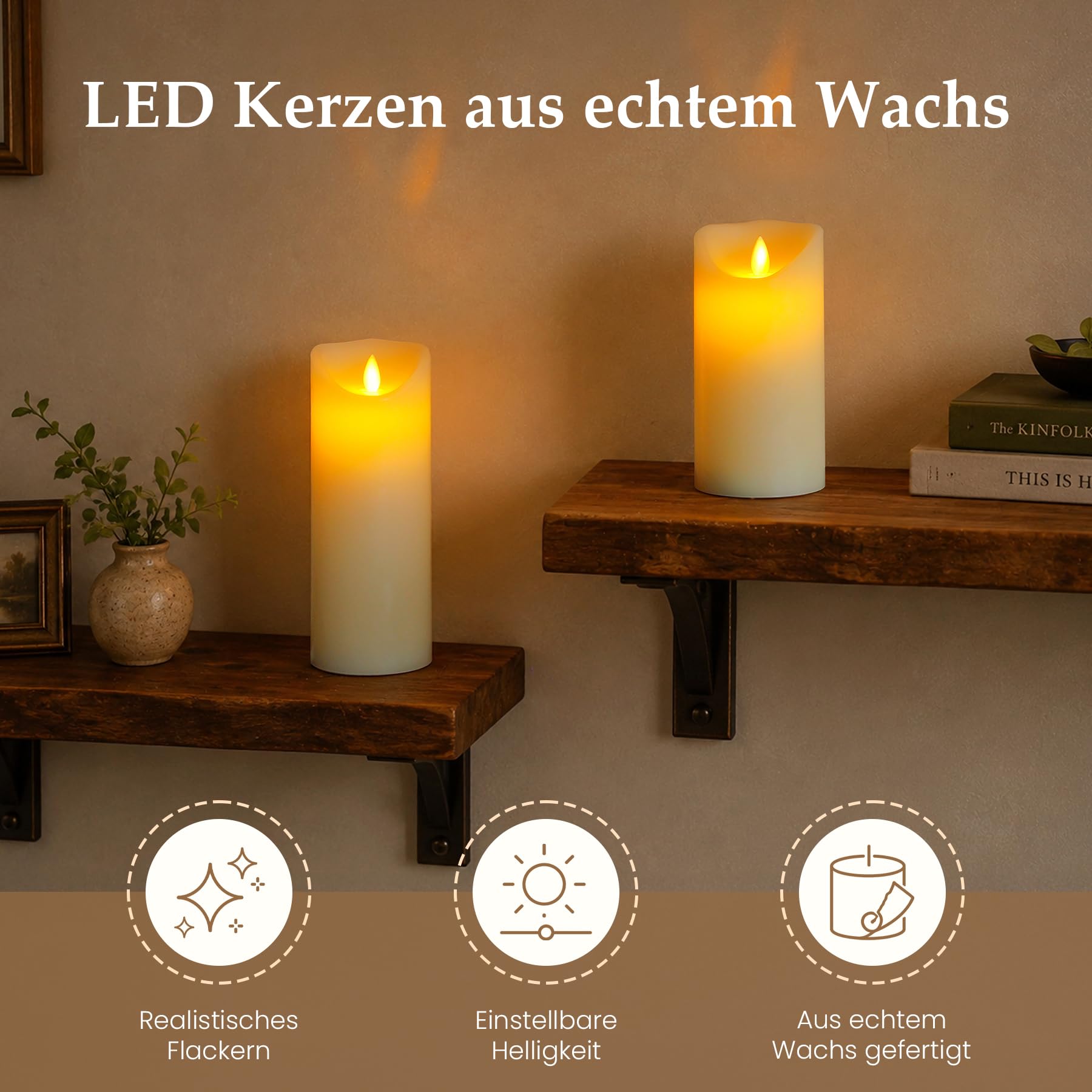 20cm x 7,5cm Candele LED senza fiamma con telecomando e temporizzazione, Alimentate a batteria Cera vera Lunga durata Stoppino mobile Tremolante (Avorio, Confezione da 2)