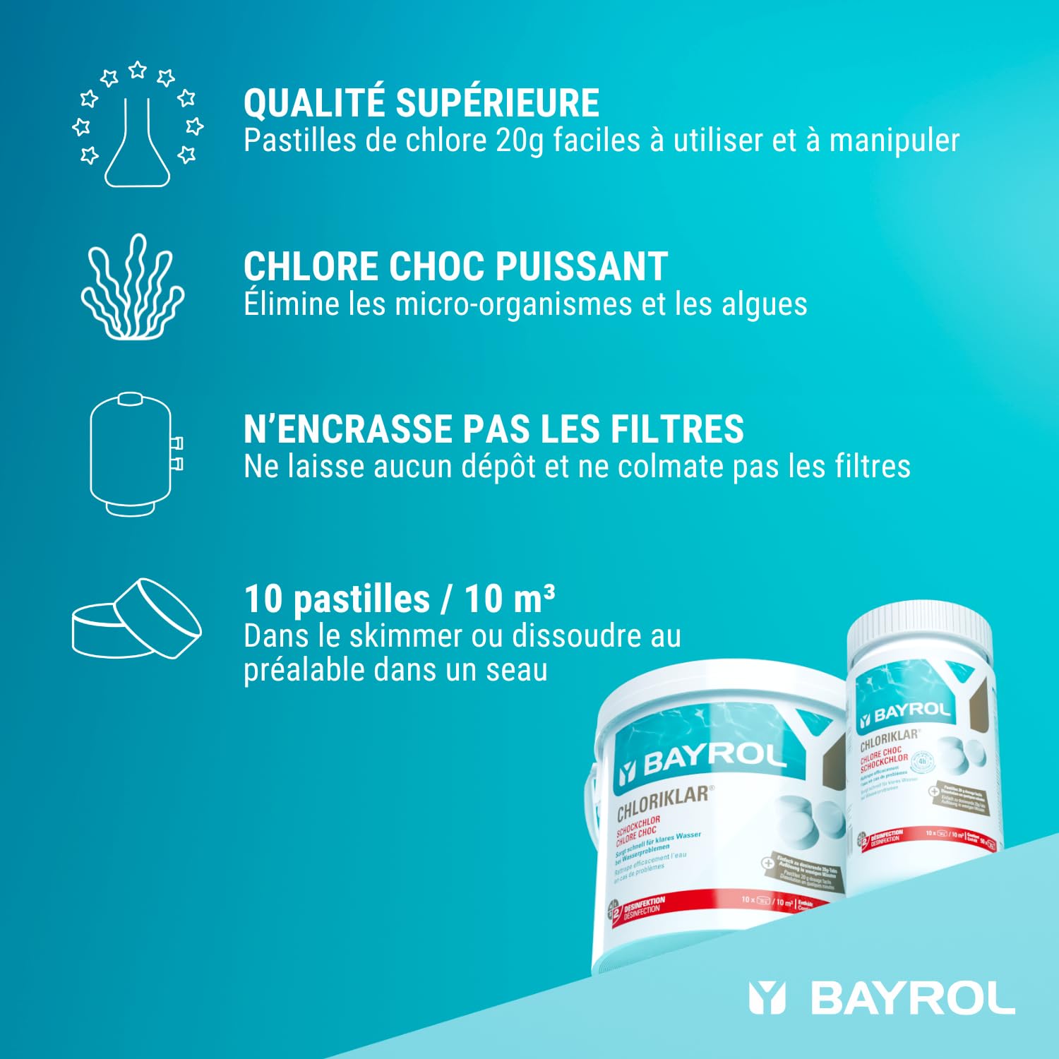 BAYROL Chloriklar® 5 kg - Chlore Choc Pastilles 20g - Désinfection Rapide Eau Verte et Trouble - Dissolution Express - Dosage Facile
