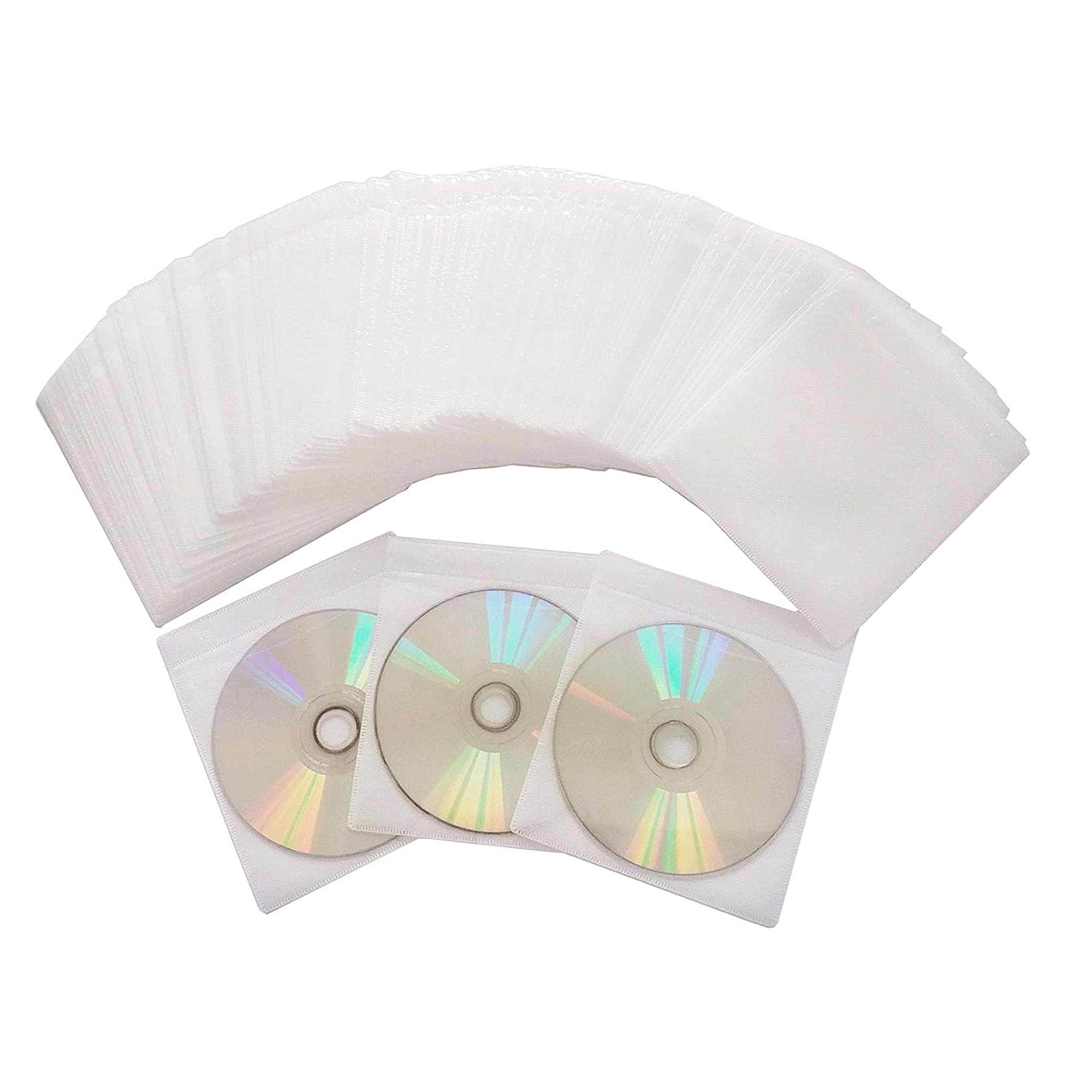 Premium CD DVD Sleeves | Thick Non-Woven Material Double-Sided Refill Plastic Sleeve for CD and DVD Storage Binders Disc Case (White) (Pack of 50)