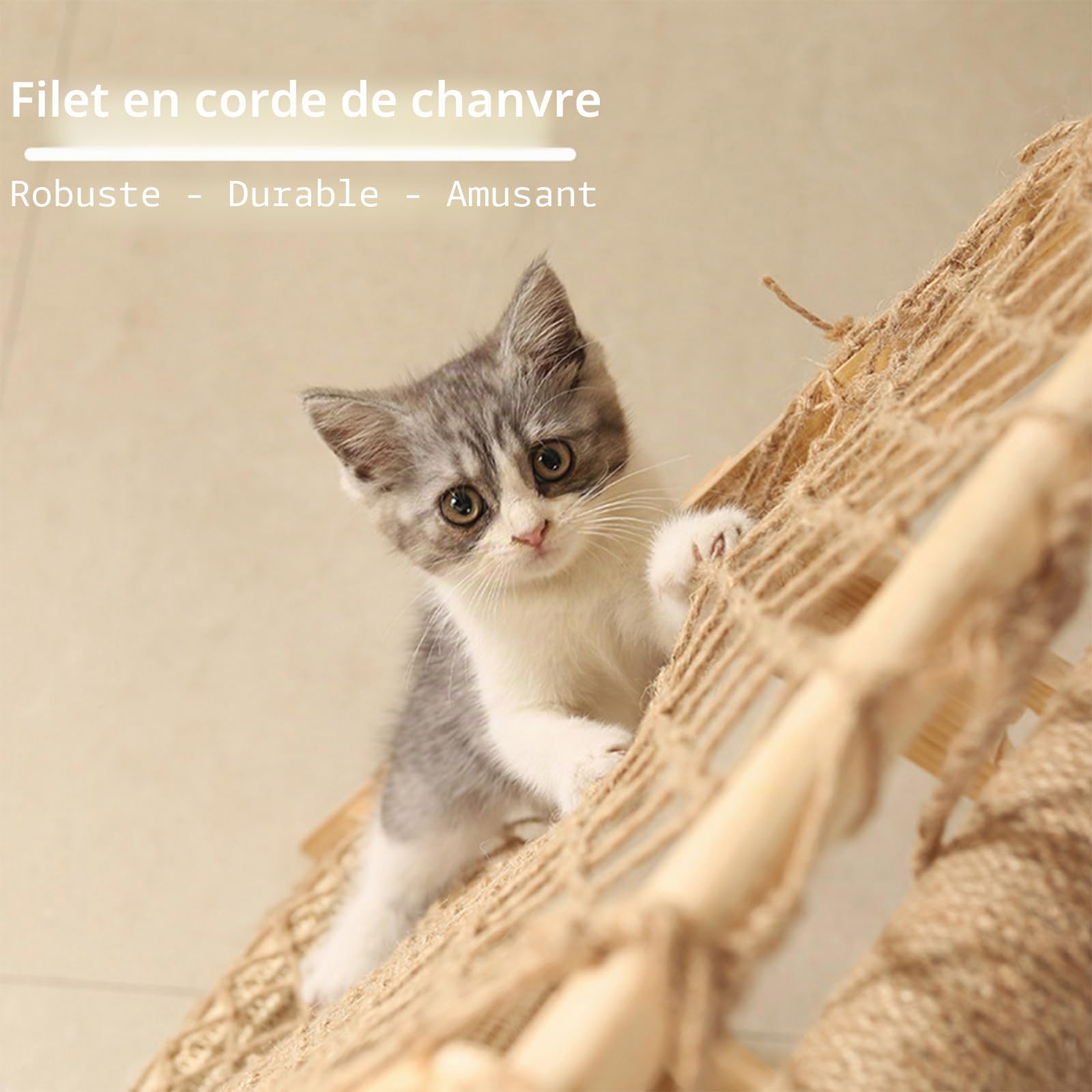 Tour à chat en bois avec filet d'escalade, griffoir en sisal et hamac – Grand arbre à chat triangulaire stable de 85,1 cm pour chats d'intérieur
