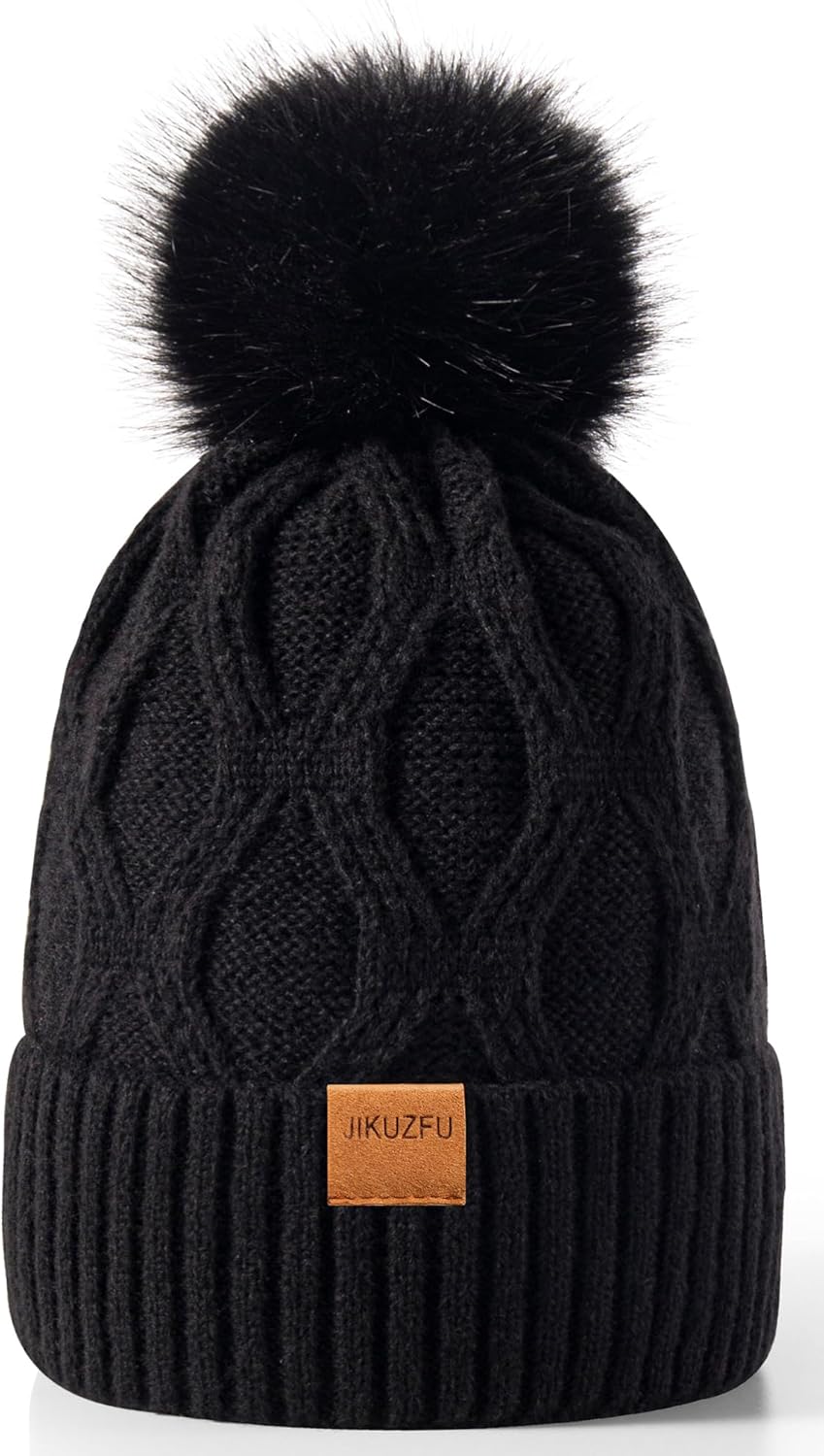 Jikuzfu Women's Winter Beanie Hat with Cute Pom Pom - Fleece Lined Warm Knit Ski Cap, One Size Fits Most