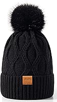 Jikuzfu Women's Winter Beanie Hat with Cute Pom Pom - Fleece Lined Warm Knit Ski Cap, One Size Fits Most