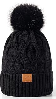 Womens Winter Beanie Hat with Pom Pom,Cute Warm Knit Hat Warm Fleece Lined Knitted Soft Ski Cuff Cap