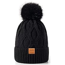 女式冬季无檐小便帽,带绒球,可爱保暖针织帽,保暖羊毛内衬针织柔软滑雪袖口帽