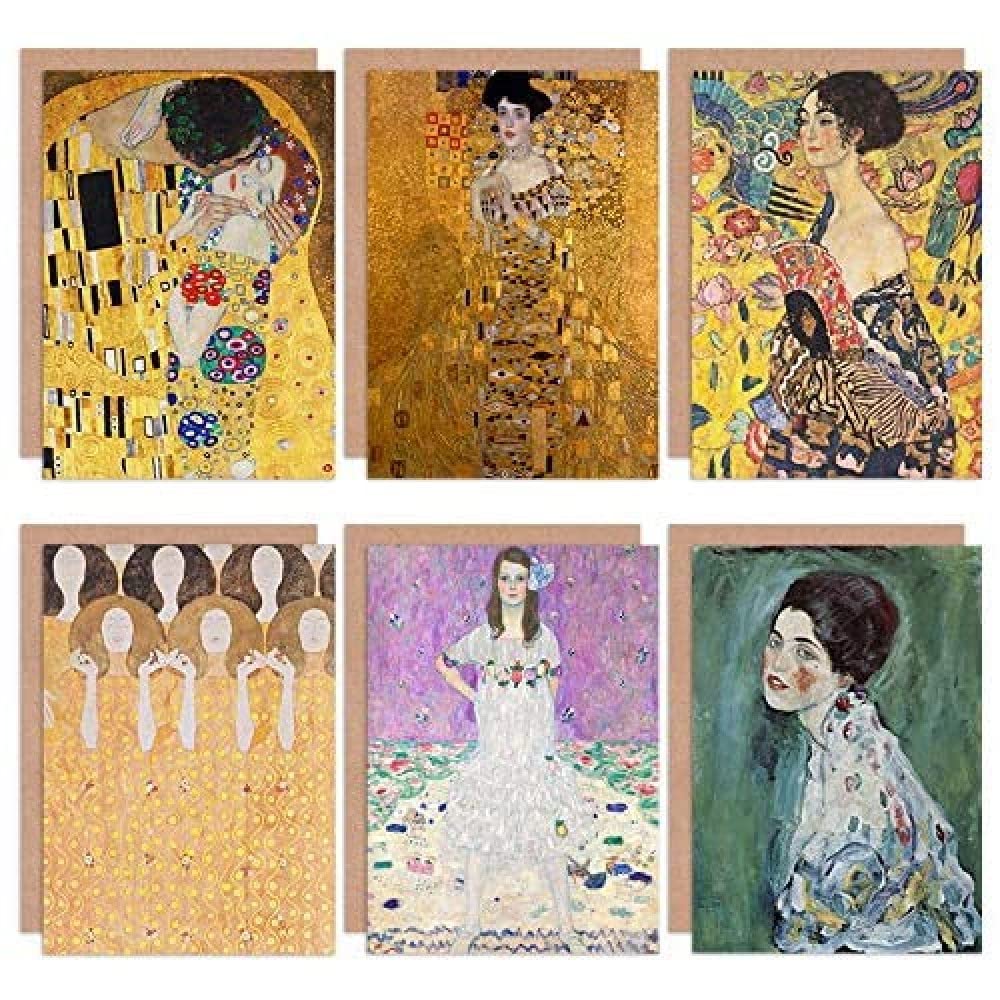 Artery8 Gustav Klimt Portrait Lady Fan Kiss Adele Bloch Bauer Fine Art Greeting Card Pack of 6