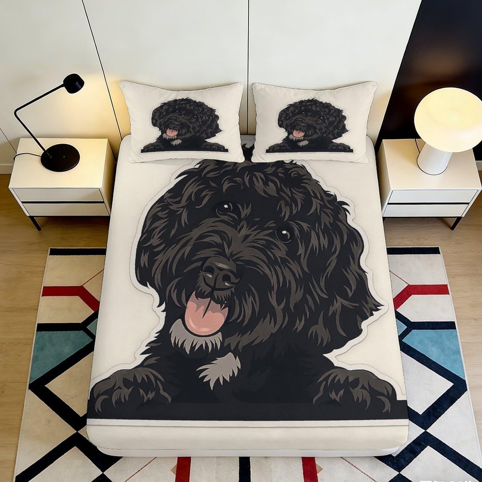 3D Printed Black Dog Portrait Fitted Sheet Microfiber Soft Anti-Slip Mattress Cover for Bedroom Guestroom Decor 90x200x25cm