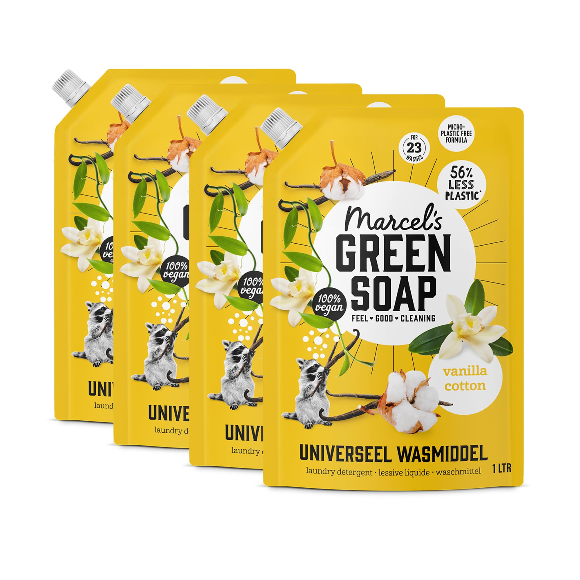 Marcel’s Green Soap - Universal Washing Liquid Refill Vanilla & Cotton – Laundry Detergent Refill – White and coloured laundry - Vegan - 92 washes - 1L (Pack of 4)