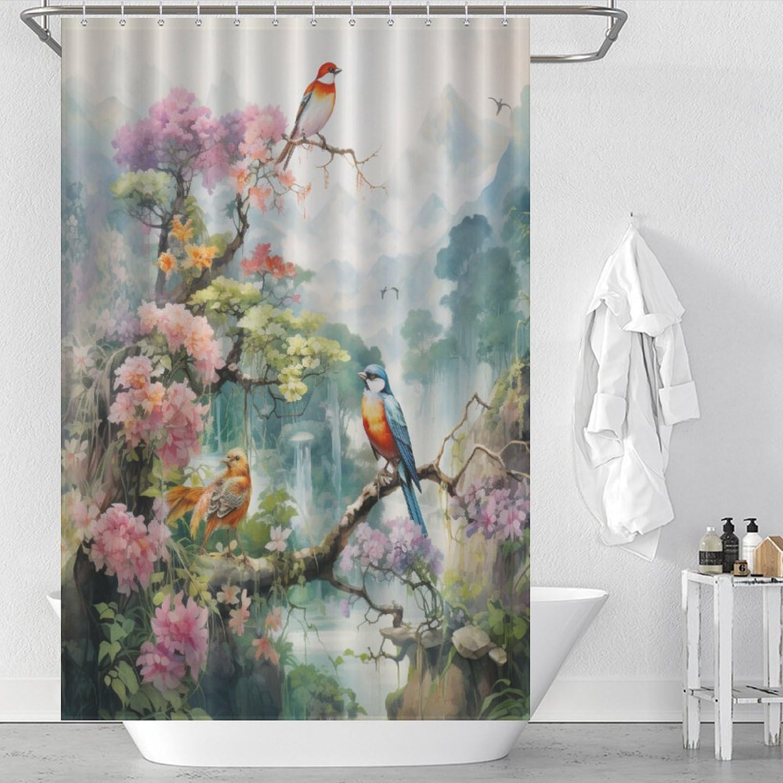 Rideau de douche oiseaux et fleurs 122x183 cm imperméable