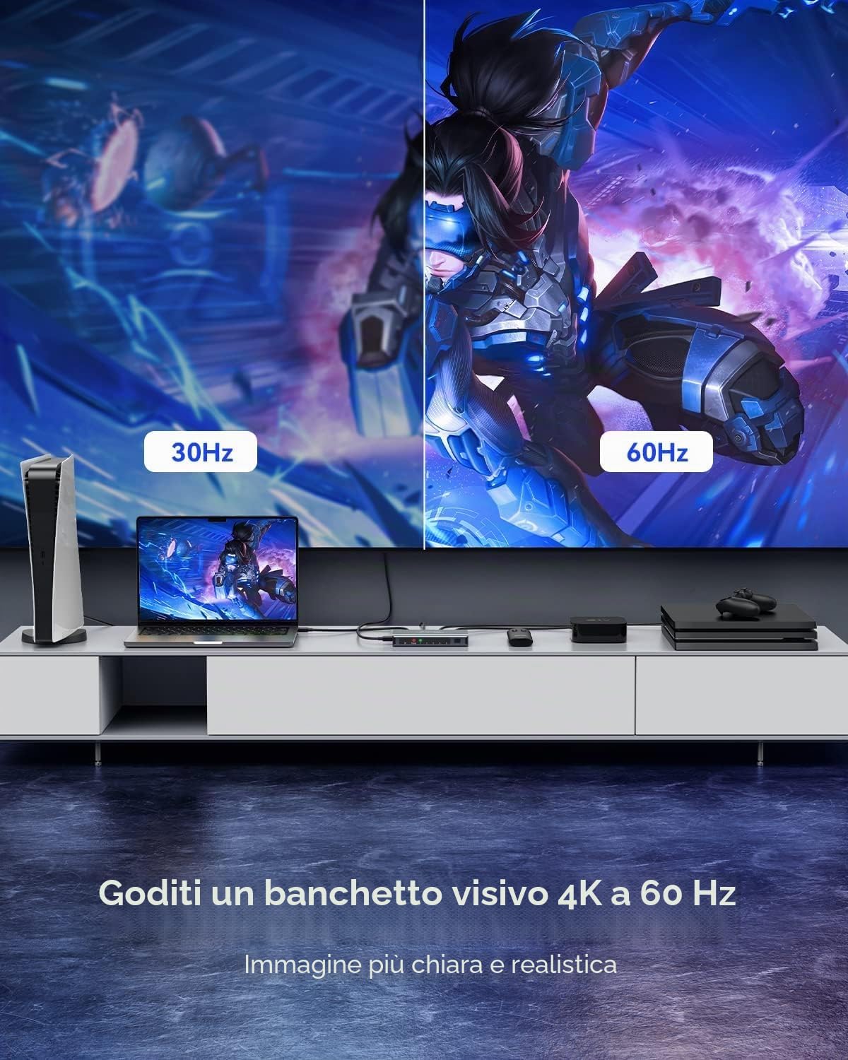 Interruttore HDMI 5 in 1 uscita 4K a 60Hz, separatore HDMI GANA con selettore remoto, compatibile con PS5/4, Xbox, Nintendo Switch, Roku, TV, Fire Stick