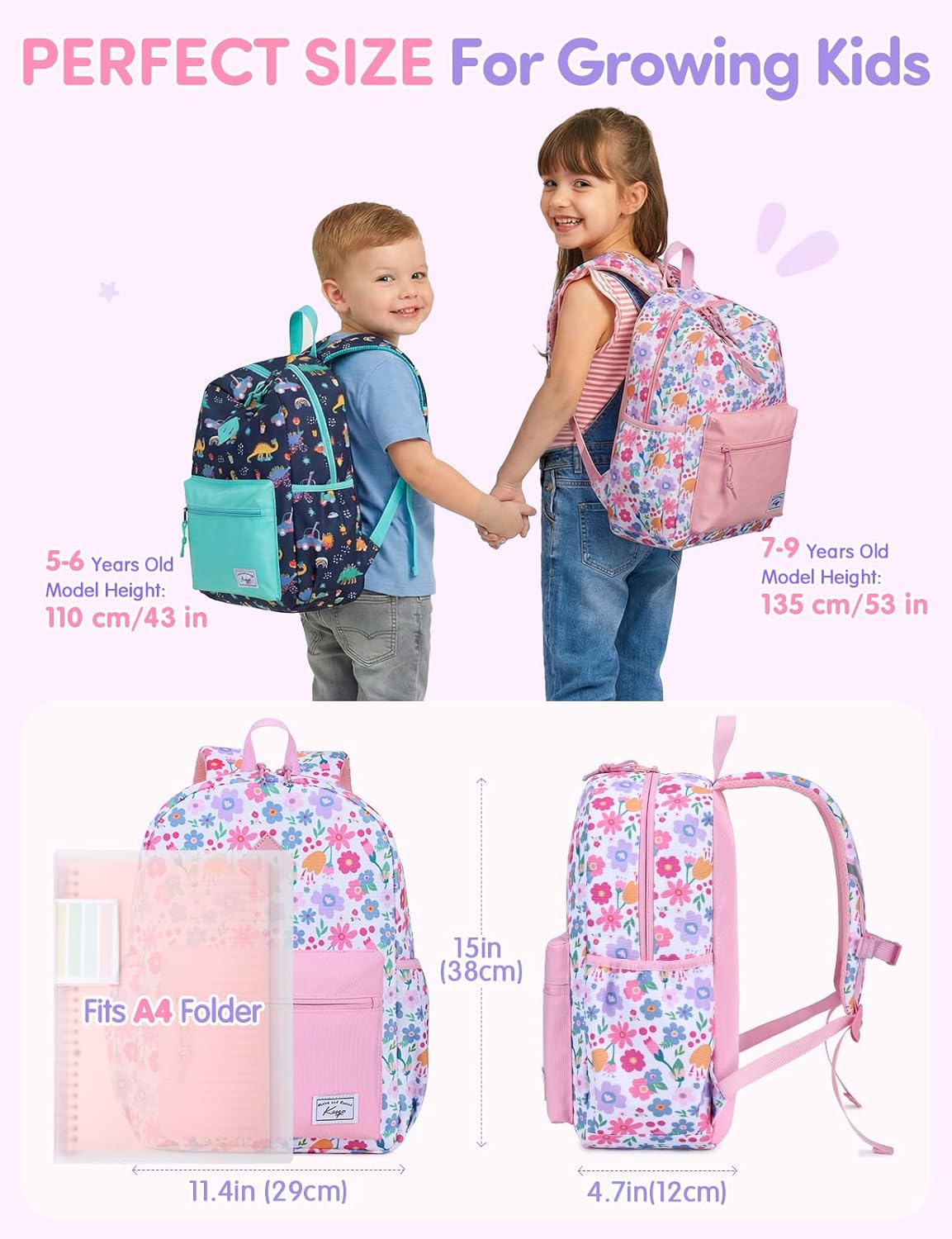 Kasqo Kids Backpack, Water-Resistant Elementary & Primary School Bag for Boys Girls 4-8 Years, 15" H, Fits A4 Folders