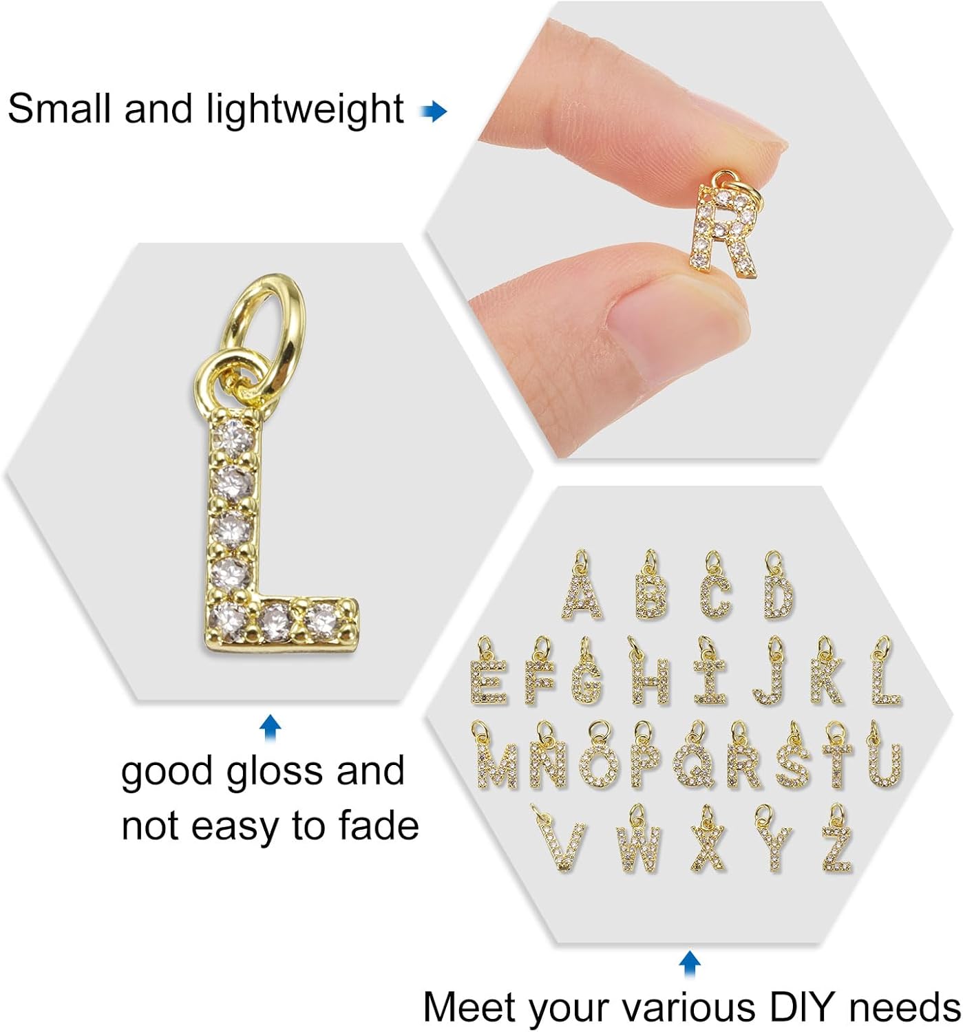uxcell Rhinestone Letter Charm, 10pcs Crystal Zirconia Copper Alphabet l Pendants Slider Letter Charm for Wristbands Bracelets Necklace Jewelry Earring DIY Craft, Gold - Image 3