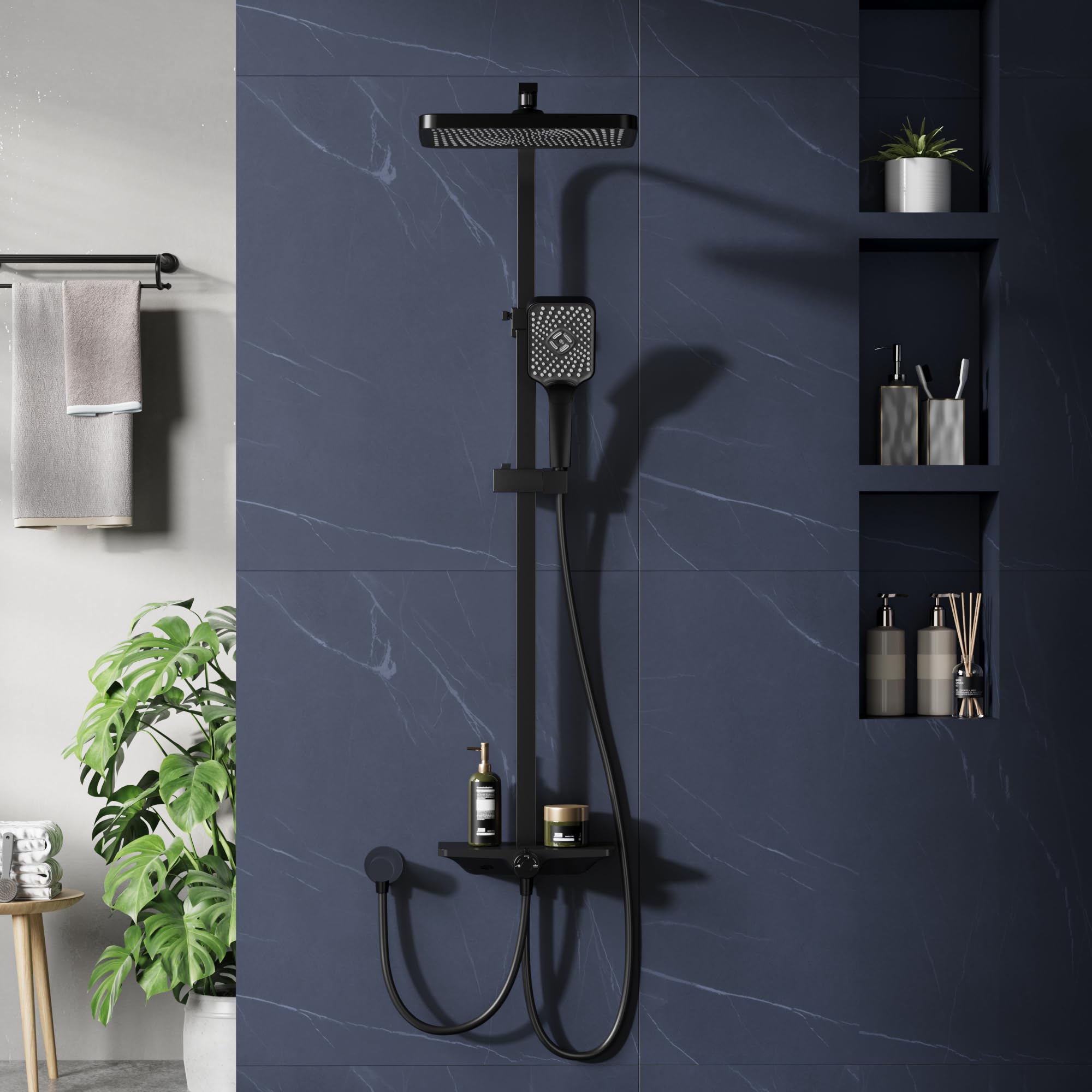 Columna de ducha de lluvia negra sin grifería con estante – mecanismo de ducha ajustable – Cabezal cuadrado de acero inoxidable 30x20.5 cm – Barra de ducha y rociador superior – Tubo cuadrado – Color:
