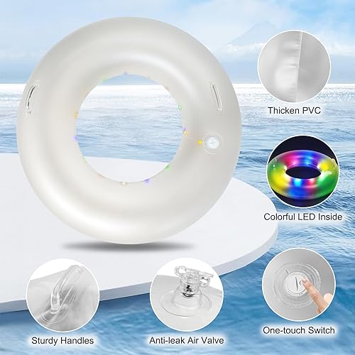 Miniatura 5 de XHKUKO Flotadores de piscina, anillos de natación transparentes de 39.4 pulgadas con luces LED coloridas y asas duales, flotadores LED de piscina
