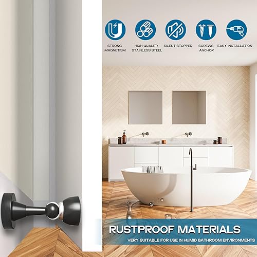 Miniatura 6 de Tope magnético para puerta, paquete de 2 topes de puerta, tope de puerta de acero inoxidable para suelo y pared, montaje de perforación