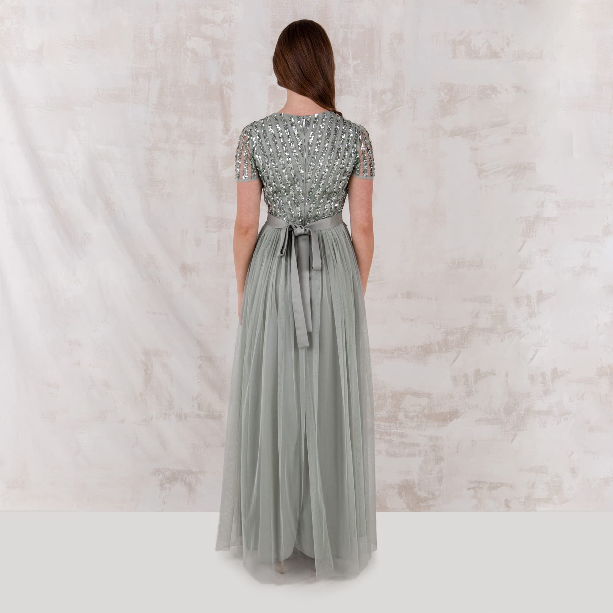Maya Deluxe Maya Deluxe Taupe Blush Short Sleeve Stripe Bridesmaid Maxi Dress Vestido Formal Mujer