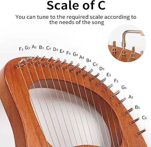 Miniatura 41 de Arpa de lira, Lotkey 23 cuerdas de metal, cuerpo de caoba y tablero de abeto sólido, arpa de lira con llave de afinación, cuerdas de extracción