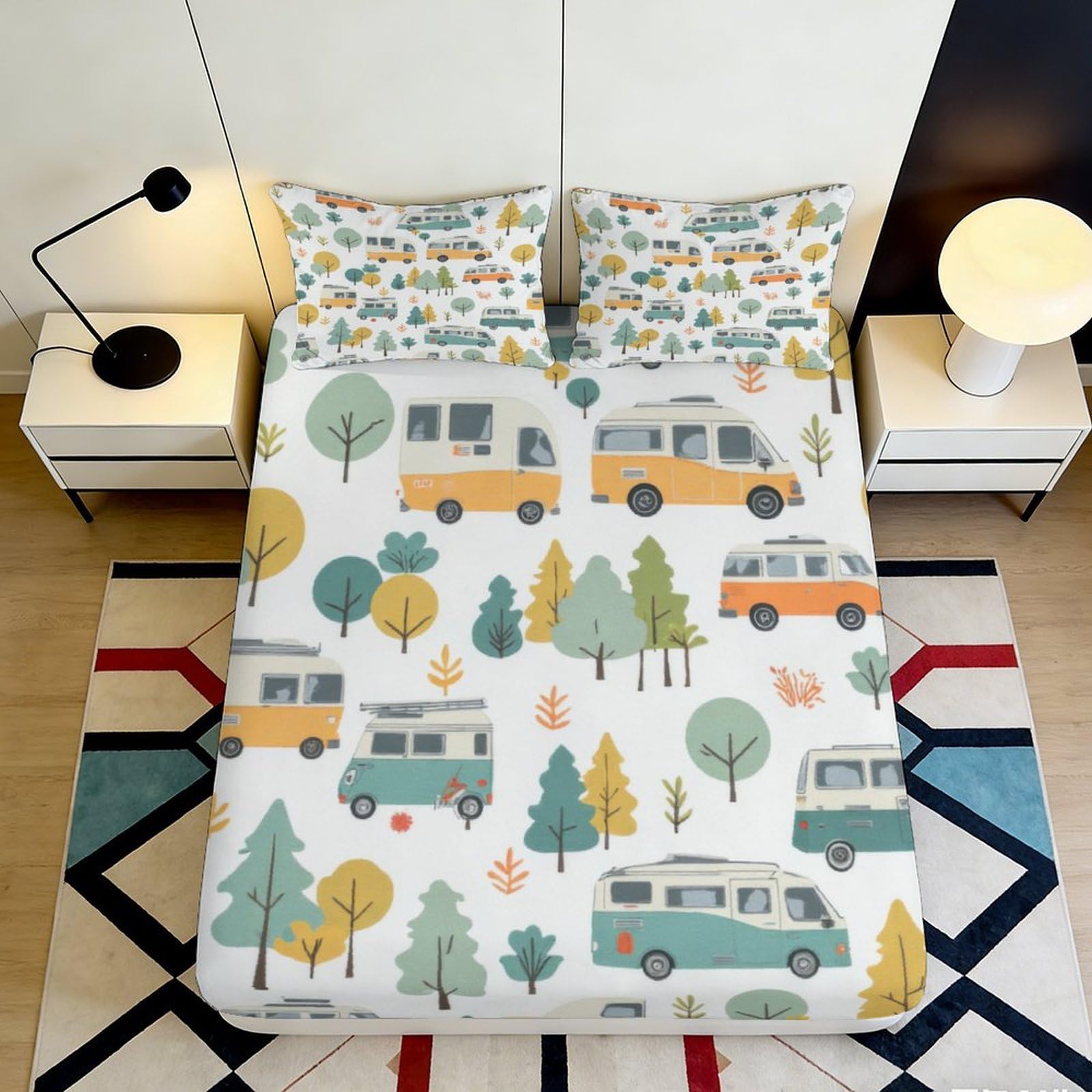 3D Printed Camper Van Forest Fitted Sheet Microfiber Anti-Slip Mattress Cover for Bedroom Dorm Easy Care 120x200x25cm