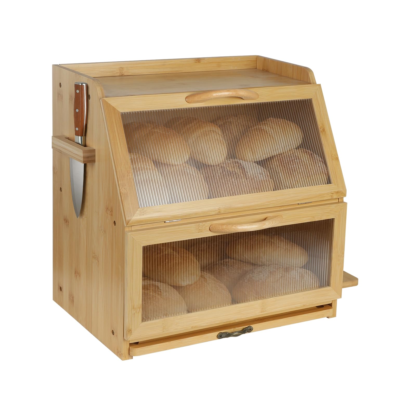 Brotkasten Bambus, Doppelte Schicht Brotbox mit Schneidebrett und Sichtfenster, Brot Aufbewahrungsbox Brotbehälter für Hörnchen, Brötchen, Brotaufbewahrung, 38 x 27 x 39 cm, Natur