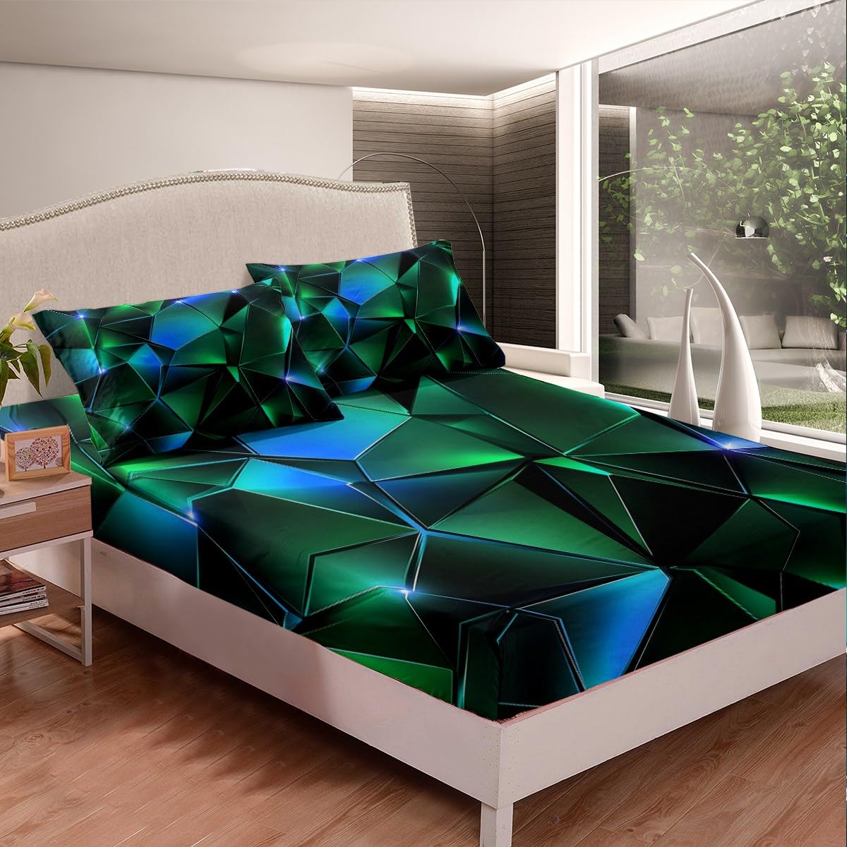 jejeloiu Honeycomb Boys Bed Sheets Set Twin Size, Kids Ombre Green Fitted Sheet for Girls Teens, Abstract Geometric Bedding Set Breathable Soft Lightweight Microfiber Room Decor 3Pcs