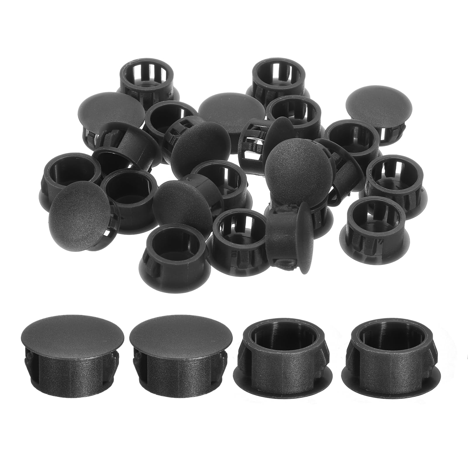 sourcing map 28Pcs 16mm(5/8") Nylon Hole Plugs, Flush Type Panel Round Snap in Fastener Knockout Locking Plugs for Furniture Insert End Caps Panels, Black
