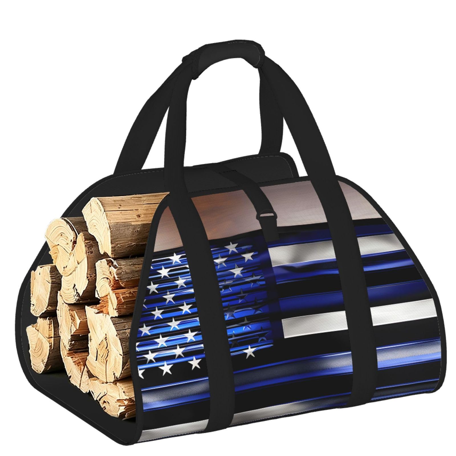 American Thin Blue Line Flag Printed Firewood Carrier Bag, Log Tote with Open-Ended Design for Camping Outdoor Wood Hauling