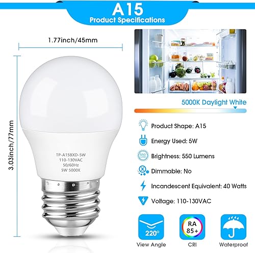 Miniatura 3 de Bombilla LED para refrigerador, equivalente a 40 W, bombilla A15 para nevera, impermeable, luz blanca diurna 5000K, base E26 de 550 lúmenes,